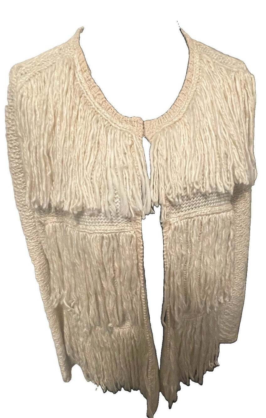 Chico's Boho Layered Fringe Knit Cardigan Size 2 Beige
